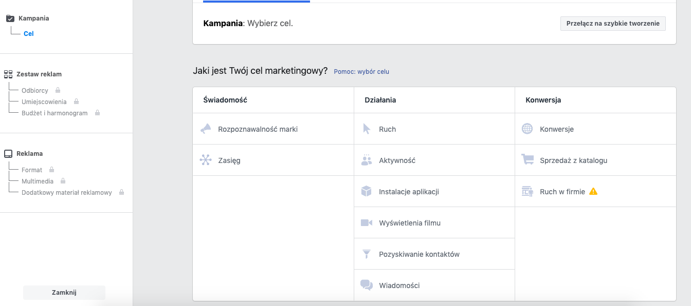 Ustawianie celu reklamy na FB