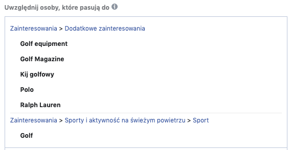 Zainteresowania w menadżerze reklam na FB